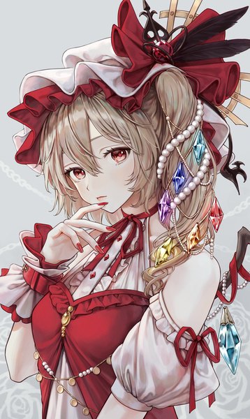 Anime picture 2334x3916 with touhou flandre scarlet torinari (dtvisu) single tall image looking at viewer fringe highres short hair blonde hair hair between eyes red eyes bare shoulders upper body nail polish one side up red nail polish girl hair ornament hat