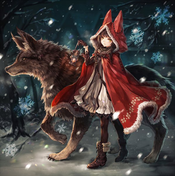 Anime picture 1000x1004 with little red riding hood original little red riding hood (character) big bad wolf senano-yu single long hair tall image looking at viewer brown hair holding yellow eyes full body outdoors arm up night fur trim snowing snow lacing