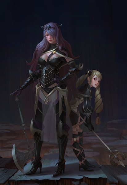 Anime picture 687x1000 with fire emblem fire emblem fates camilla (fire emblem) elise (fire emblem if) yagaminoue long hair tall image looking at viewer fringe blonde hair smile standing purple eyes twintails multiple girls holding purple hair parted lips light smile lips