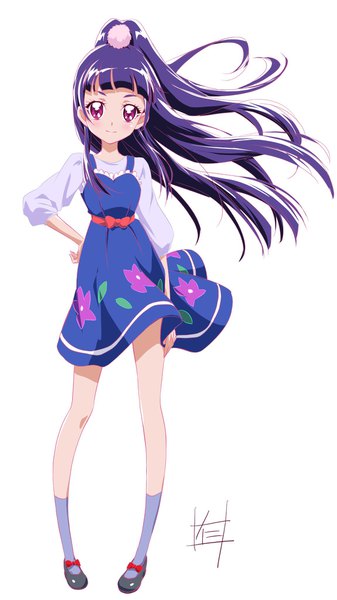 Anime picture 1150x2046 with precure mahou girls precure! toei animation izayoi riko nii manabu single long hair tall image blush simple background smile standing white background purple eyes signed purple hair full body ponytail wind hand on hip