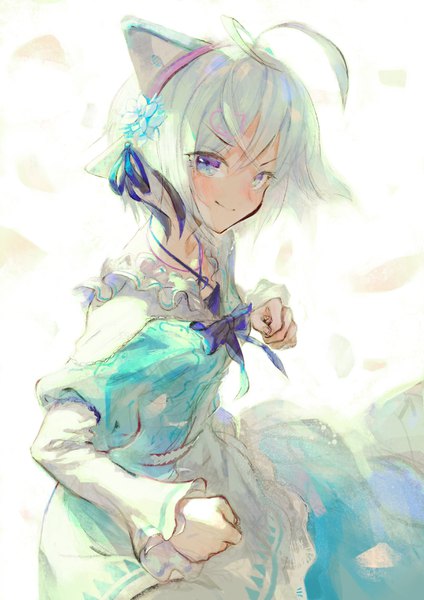 Anime picture 2480x3508 with virtual youtuber .live dennou shoujo siro tentsuu (tentwo) single tall image looking at viewer blush fringe highres short hair blue eyes smile ahoge white hair wind >:) girl dress fist