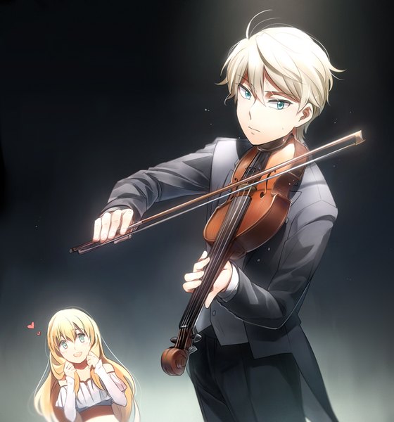 Anime picture 840x900 with aldnoah.zero a-1 pictures slaine troyard asseylum vers allusia aki (neyuki41028) long hair tall image looking at viewer fringe short hair open mouth simple background blonde hair smile hair between eyes bare shoulders holding green eyes payot ahoge