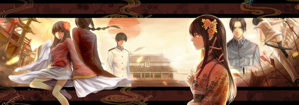 Anime picture 3000x1061 with axis powers hetalia studio deen japan (hetalia) china (hetalia) taiwan (hetalia) shirofuyu long hair highres short hair black hair brown hair wide image braid (braids) traditional clothes hair flower from behind girl boy uniform hair ornament