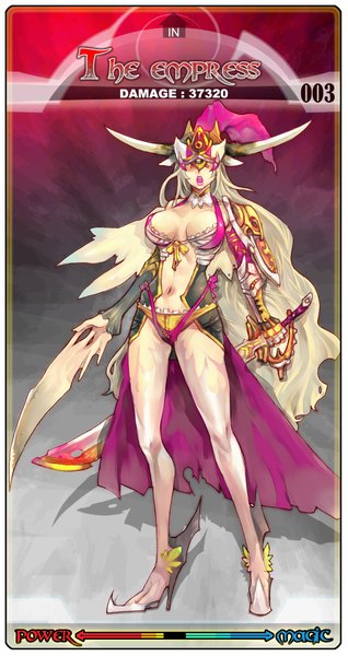 Anime picture 1100x2070 with tarot (game) ryushin single tall image breasts open mouth light erotic blonde hair cleavage very long hair horn (horns) lips legs girl navel weapon sword helmet