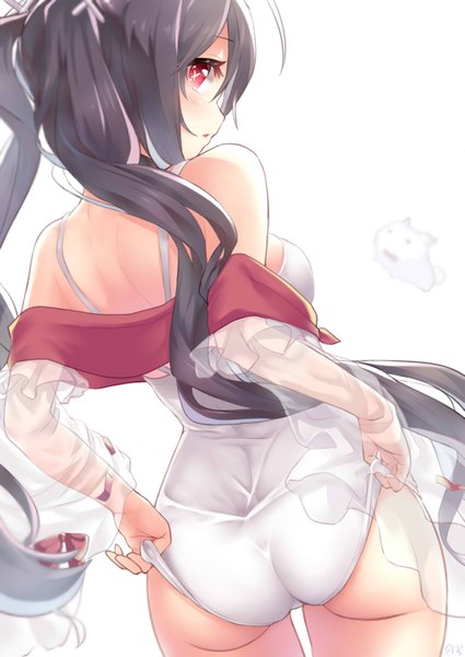 Anime picture 2149x3035 with azur lane i-168 (azur lane) kizibato123go single long hair tall image looking at viewer fringe highres breasts open mouth light erotic black hair hair between eyes red eyes white background twintails bare shoulders ass profile