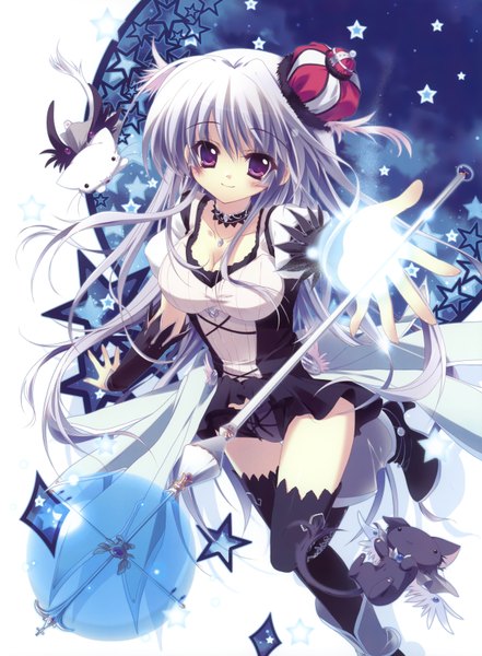 Anime picture 2478x3368 with original amia ollie yuuri izumi tsubasu long hair tall image blush highres purple eyes silver hair scan magic girl thighhighs black thighhighs animal wings star (symbol) jewelry