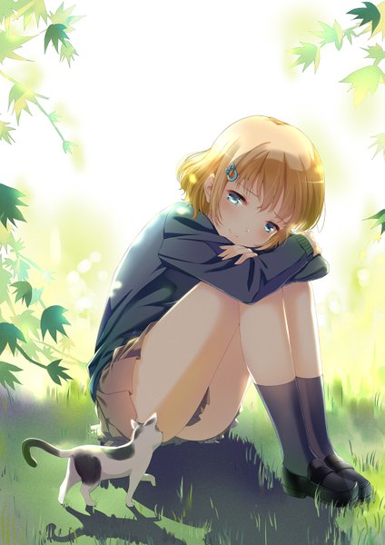 Anime picture 1061x1500 with original tomin single tall image blush fringe short hair blue eyes light erotic blonde hair smile sitting payot looking away bent knee (knees) tail head tilt pleated skirt sunlight blurry