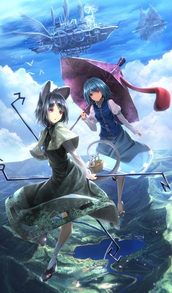 Anime picture 800x1360 with touhou nazrin tatara kogasa ryosios tall image looking at viewer fringe short hair blue eyes black hair red eyes multiple girls animal ears blue hair looking away sky cloud (clouds) parted lips from above sunlight