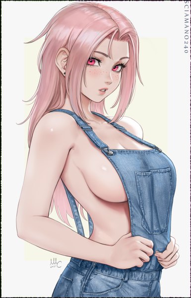 Anime picture 540x842 with original chloe (sciamano240) sciamano240 single long hair tall image looking at viewer blush breasts light erotic simple background large breasts signed payot pink hair upper body parted lips pink eyes fingernails lips