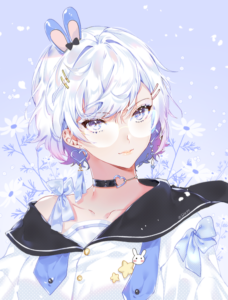 Anime picture 1849x2428 with original kimpeul single tall image looking at viewer fringe highres short hair simple background hair between eyes standing purple eyes bare shoulders holding signed animal ears silver hair upper body head tilt multicolored hair