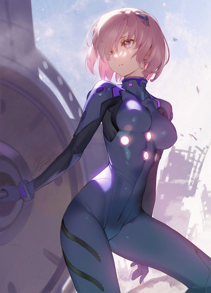 Anime picture 1200x1668 with fate (series) fate/grand order mash kyrielight siino single tall image fringe short hair light erotic standing signed looking away pink hair outdoors parted lips pink eyes hair over one eye from below shaded face girl