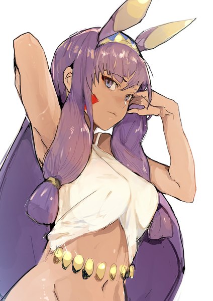 Anime picture 2894x4093 with fate (series) fate/grand order nitocris (fate) hiranko single long hair tall image looking at viewer fringe highres simple background white background purple eyes animal ears purple hair upper body bare belly dark skin adjusting hair arm behind head