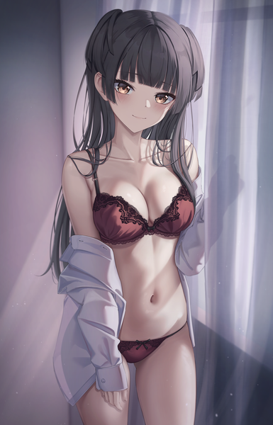 Anime picture 4500x7016 with idolmaster idolmaster shiny colors mayuzumi fuyuko marinesnow single long hair tall image looking at viewer blush fringe highres breasts light erotic black hair smile large breasts standing brown eyes absurdres cleavage