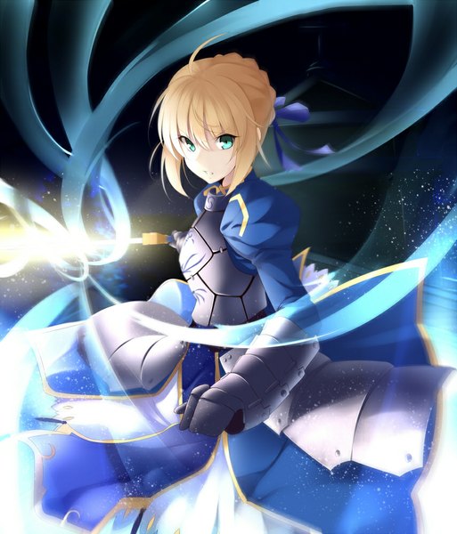 Anime picture 855x1000 with fate (series) fate/stay night fate/zero type-moon artoria pendragon (all) saber kisaichi jin single tall image short hair blonde hair green eyes ahoge magic glow girl weapon sword armor armored dress
