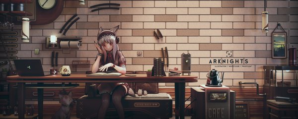 Anime picture 5000x2000 with arknights frostleaf (arknights) momotoori single long hair highres red eyes wide image sitting signed animal ears silver hair indoors tail nail polish animal tail copyright name character names fox ears fox tail