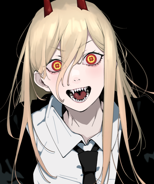 Anime picture 2500x3000 with chainsaw man mappa power (chainsaw man) nyokki763 single long hair tall image fringe highres open mouth simple background blonde hair hair between eyes red eyes upper body :d horn (horns) teeth black background symbol-shaped pupils