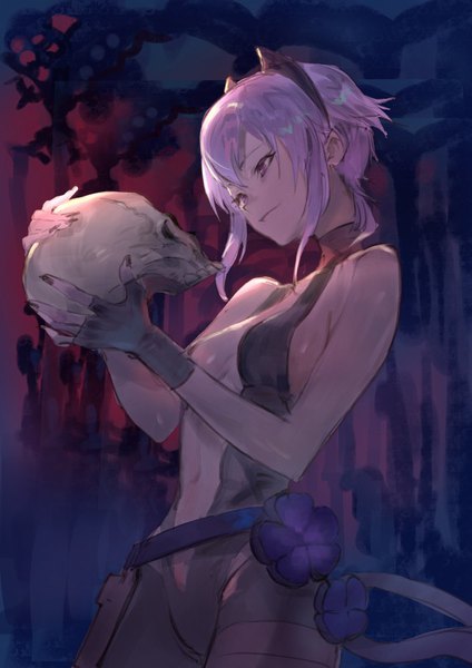 Anime picture 707x1000 with fate (series) fate/prototype: fragments of blue and silver fate/prototype hassan of serenity (fate) kureta (nikogori) single tall image short hair breasts light erotic purple eyes bare shoulders holding looking away purple hair dark skin center opening girl gloves fingerless gloves