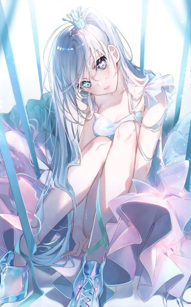 Anime picture 2183x3510 with original miwano rag single long hair tall image looking at viewer fringe highres breasts blue eyes hair between eyes sitting cleavage silver hair full body parted lips head tilt pink eyes from above scan