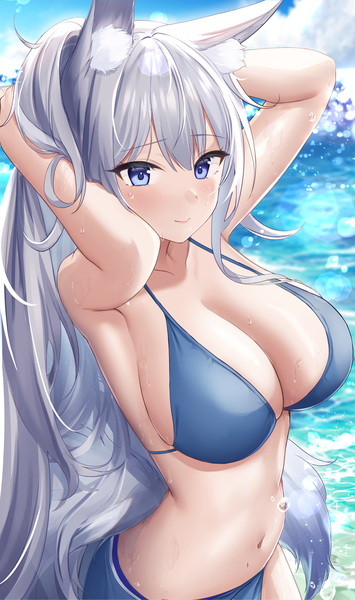Anime picture 1424x2404 with azur lane shinano (azur lane) jyu-so single long hair tall image looking at viewer blush fringe breasts blue eyes light erotic smile hair between eyes large breasts standing animal ears sky cloud (clouds) outdoors
