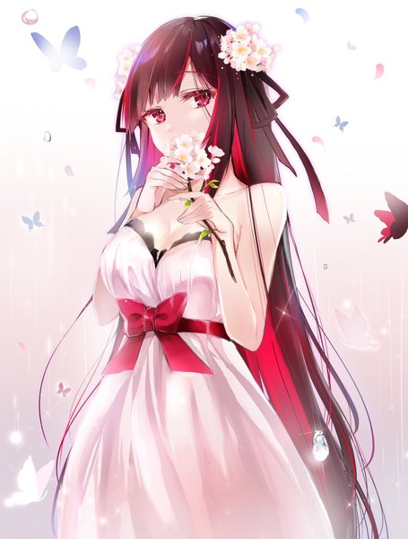 Anime picture 1555x2048 with original felnemo3 single long hair tall image looking at viewer blush fringe breasts simple background hair between eyes red eyes brown hair standing bare shoulders holding cleavage red hair blunt bangs multicolored hair