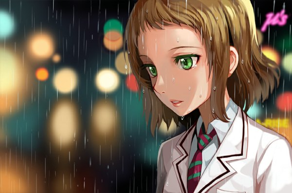 Anime picture 908x600 with love live! school idol project sunrise (studio) love live! kira tsubasa sl86 single fringe short hair brown hair night looking down portrait rain sad girl uniform school uniform teardrop