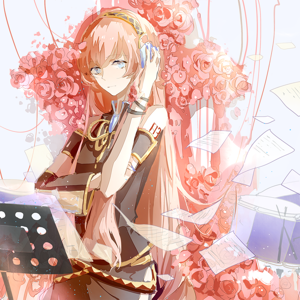 Anime picture 1200x1200 with vocaloid megurine luka nanobe single long hair looking at viewer blue eyes bare shoulders pink hair wind girl flower (flowers) detached sleeves petals headphones rose (roses) paper pink rose