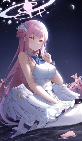 Anime picture 2000x3436 with blue archive mika (blue archive) hini ni single long hair tall image looking at viewer blush fringe highres breasts smile large breasts sitting yellow eyes payot pink hair outdoors blunt bangs hair flower
