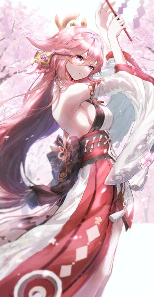 Anime picture 3350x6463 with genshin impact yae miko eshineko single long hair tall image fringe highres breasts hair between eyes purple eyes animal ears pink hair absurdres traditional clothes japanese clothes arms up fox ears sideboob cherry blossoms