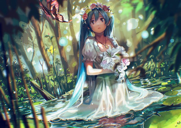 Anime picture 4093x2894 with vocaloid hatsune miku tsukun112 long hair looking at viewer highres open mouth blue eyes standing holding blue hair absurdres sunlight sunbeam girl dress flower (flowers) plant (plants) tree (trees) water