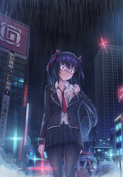 Anime picture 1250x1800 with original hyui cf2 single long hair tall image looking at viewer black hair red eyes rain wet clothes girl skirt uniform ribbon (ribbons) hair ribbon school uniform miniskirt pantyhose necktie toy