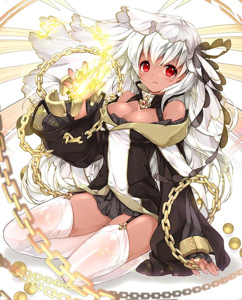 Anime picture 809x1000 with original juna single long hair tall image looking at viewer fringe breasts open mouth light erotic simple background red eyes white background sitting bare shoulders full body white hair long sleeves wide sleeves magic