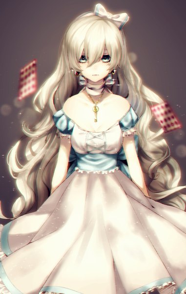 Anime picture 904x1422 with alice in wonderland alice (wonderland) 23i2ko single tall image looking at viewer fringe blonde hair hair between eyes standing green eyes very long hair puffy sleeves wavy hair brown background girl dress bow hair bow choker
