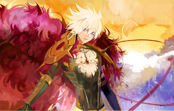 Anime picture 1020x655 with fate (series) fate/apocrypha karna (fate) bosack single looking at viewer fringe short hair blue eyes hair between eyes upper body white hair boy fur single earring spikes