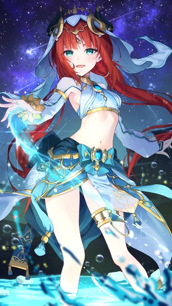 Anime picture 1500x2652 with genshin impact nilou (genshin impact) herigaru (fvgyvr000) single long hair tall image looking at viewer blush fringe open mouth smile twintails full body outdoors red hair blunt bangs long sleeves :d horn (horns) aqua eyes