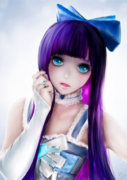 Anime picture 2480x3507 with panty & stocking with garterbelt anarchy stocking jinrouyifan single long hair tall image looking at viewer blush fringe highres blue eyes simple background bare shoulders signed purple hair blunt bangs parted lips head tilt multicolored hair lips