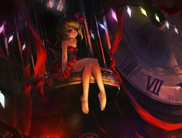 Anime picture 1382x1047 with touhou flandre scarlet s.advent (artist) single short hair blonde hair red eyes barefoot one side up girl dress bow hair bow wings clock red dress crystal