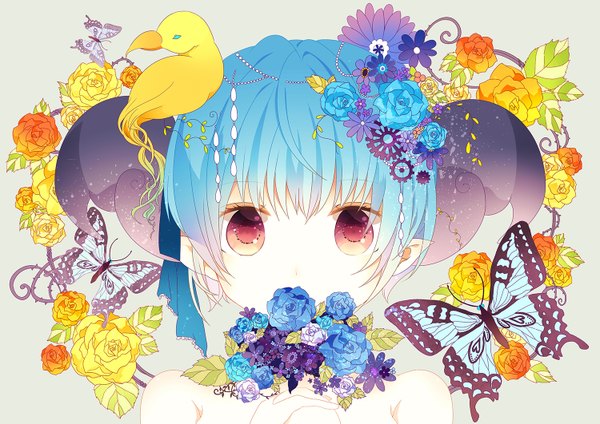 Anime picture 1500x1061 with original mmco single looking at viewer short hair red eyes blue hair girl flower (flowers) animal bird (birds) rose (roses) leaf (leaves) insect butterfly