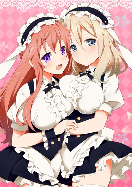 Anime picture 640x904 with gochuumon wa usagi desu ka? white fox hoto mocha aoyama blue mountain 9law long hair tall image looking at viewer blush fringe breasts open mouth blue eyes light erotic blonde hair smile hair between eyes large breasts standing purple eyes