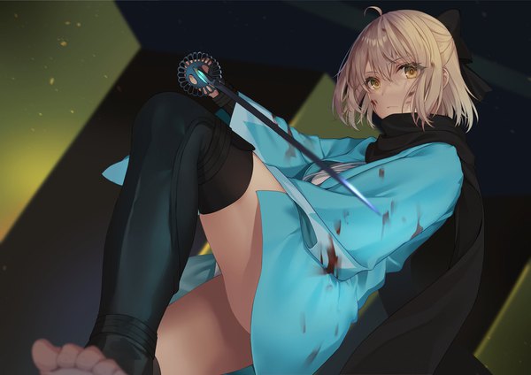 Anime picture 2048x1448 with fate (series) fate/grand order okita souji (fate) (all) okita souji (koha-ace) hizuki higure single looking at viewer fringe highres short hair light erotic blonde hair hair between eyes standing holding yellow eyes ahoge bent knee (knees) traditional clothes japanese clothes