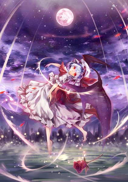 Anime picture 1000x1420 with touhou remilia scarlet torino aqua single tall image short hair red eyes blue hair sky cloud (clouds) bat wings red moon girl dress flower (flowers) petals wings rose (roses) bonnet red rose