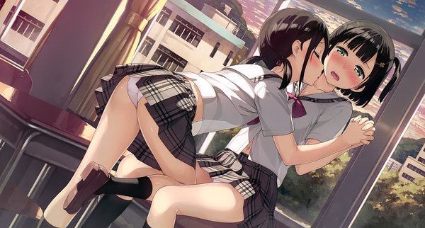 Anime picture 3957x2130 with 5 nenme no houkago akemi (kantoku) himeru (kantoku) kantoku blush fringe highres short hair light erotic wide image twintails multiple girls green eyes payot absurdres ass eyes closed scan embarrassed holding hands
