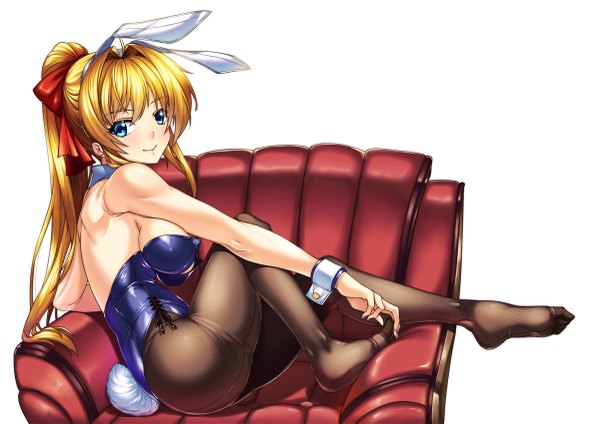 Anime picture 1200x849 with original merufena single long hair looking at viewer blush fringe breasts blue eyes light erotic simple background blonde hair smile hair between eyes large breasts white background sitting animal ears full body bent knee (knees)