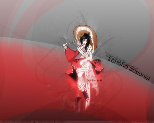 Anime picture 1280x1024 with naruto studio pierrot naruto (series) yuuhi kurenai single looking at viewer short hair black hair red eyes inscription akatsuki girl skirt umbrella bandage (bandages) bandana