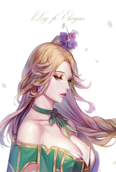 Anime picture 600x888 with cyphers 'o'ne (ekdlem1) single tall image fringe breasts simple background blonde hair large breasts white background bare shoulders green eyes looking away cleavage braid (braids) very long hair parted lips profile wind inscription