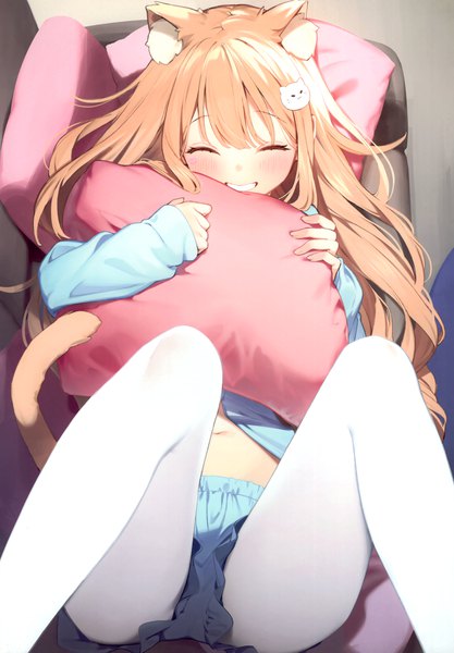 Anime picture 2406x3464 with original nyum single long hair tall image blush fringe highres blonde hair smile animal ears bent knee (knees) indoors tail lying eyes closed long sleeves animal tail from above cat ears