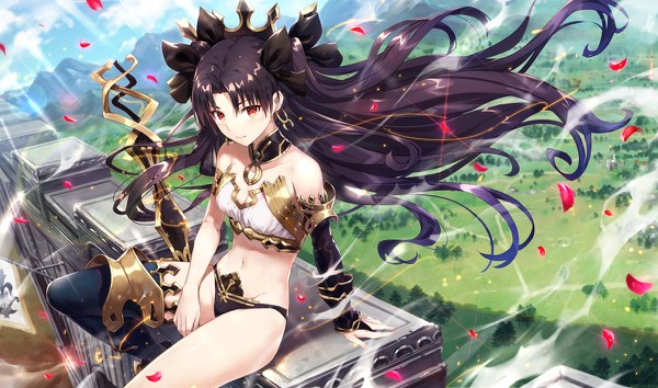 Anime picture 1200x708 with fate (series) fate/grand order ishtar (fate) gabiran single long hair looking at viewer blush fringe breasts light erotic black hair smile hair between eyes red eyes wide image sitting bare shoulders sky cloud (clouds)