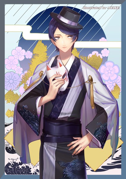Anime picture 2480x3508 with persona 5 persona kitagawa yuusuke mozer (zerlinda) single tall image highres short hair blue eyes standing holding signed blue hair traditional clothes japanese clothes wide sleeves hand on hip border boy hat