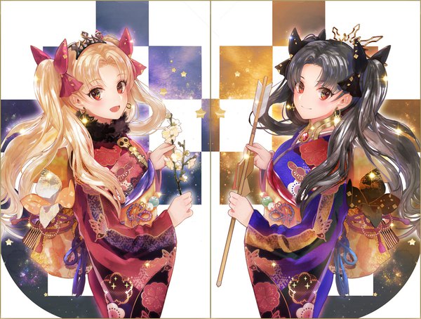 Anime picture 1121x849 with fate (series) fate/grand order ishtar (fate) ereshkigal (fate) shutsuri long hair looking at viewer blush open mouth black hair blonde hair smile red eyes multiple girls traditional clothes :d japanese clothes from above two side up symmetry