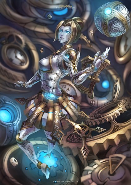 Anime picture 2480x3508 with league of legends orianna (league of legends) monori rogue single tall image looking at viewer highres short hair blue eyes lips dark hair mechanical girl ball gears