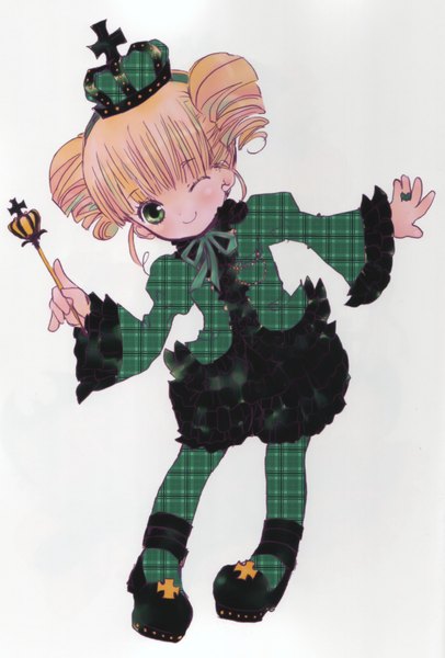 Anime picture 2345x3463 with shugo chara! ami hinamori peach-pit single tall image fringe highres short hair simple background blonde hair smile white background twintails green eyes one eye closed wink official art short twintails plaid girl